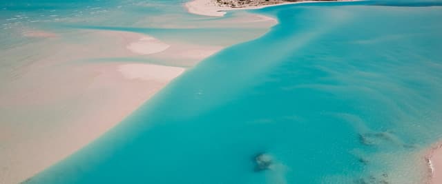 Aerial view of Exuma sandbar with vivid turquoise water and white sand